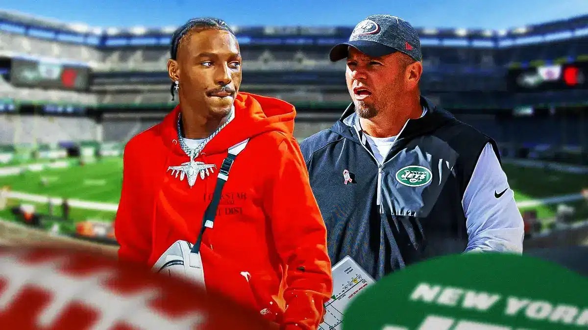 Kansas City Chiefs star Mecole Hardman and New York Jets coach Brant Boyer in front of Metlife Stadium.