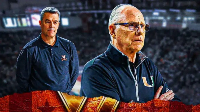 Virginia coach Tony Bennett looking at Miami basketball coach Jim Larranaga.