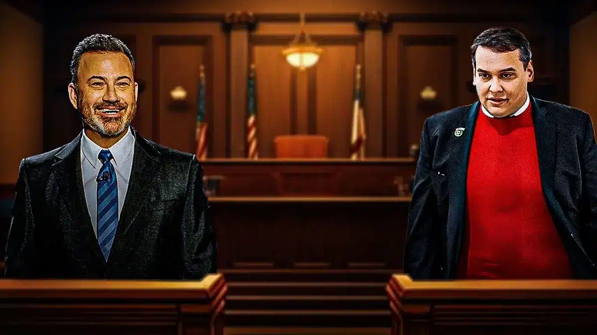 Jimmy Kimmel on one side; George Santos on the other; Background: courtroom