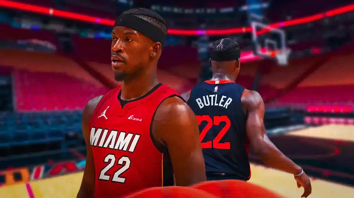 Miami Heat star Jimmy Butler in front of the Kaseya Center.