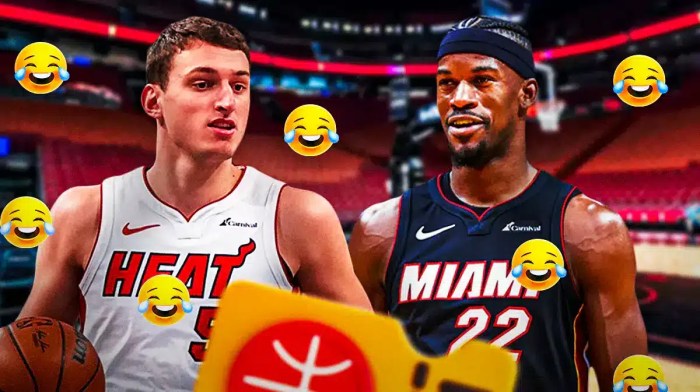 Jimmy Butler and Nikola Jovic with a bunch of the crying laughing emojis in the background