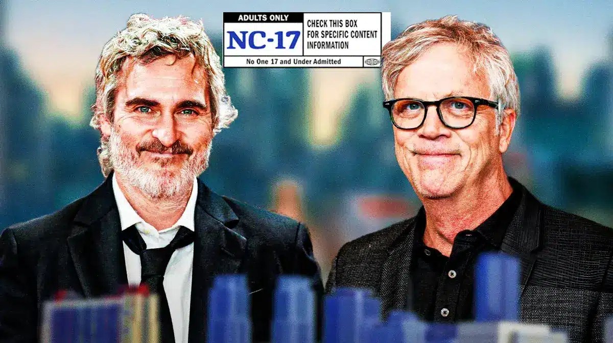Joaquin Phoenix and May December director Todd Haynes with NC-17 logo.