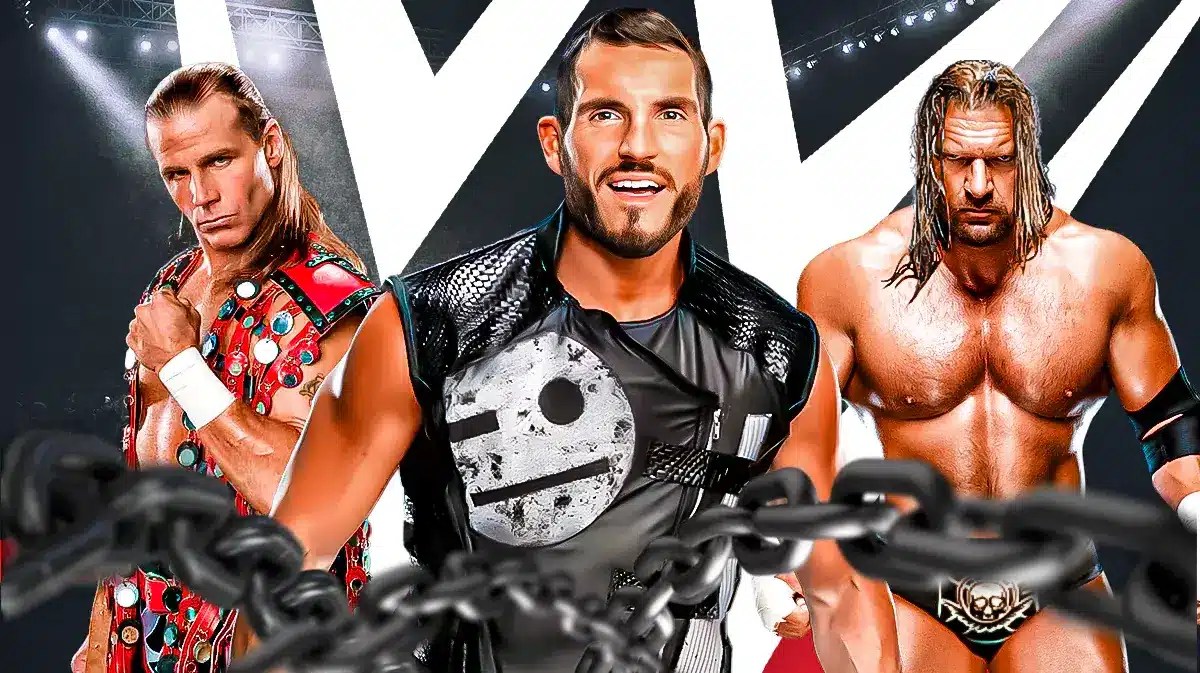 Johnny Gargano with Shawn Michaels on his left and Triple H on his right with the WWE logo as the background.