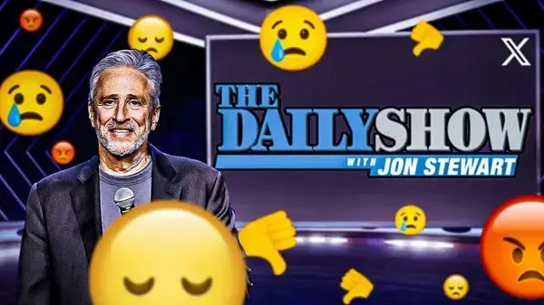 Jon Stewart, The Daily Show logo, X (formerly Twitter) logo; thumbs down, sad face, angry face, crying face emojis