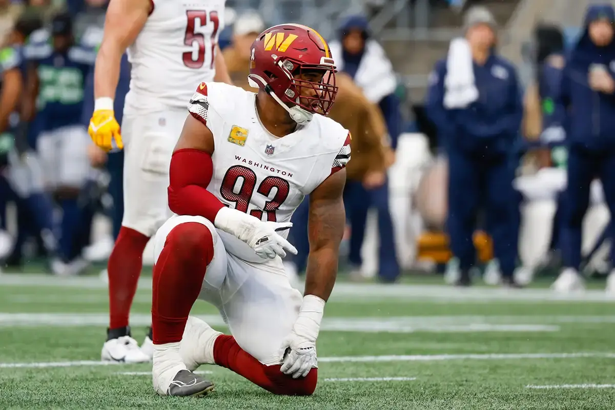 Washington Commanders defensive tackle Jonathan Allen (93) waits for a snap against the Seattle Seahawks during the second quarter at Lumen Field.