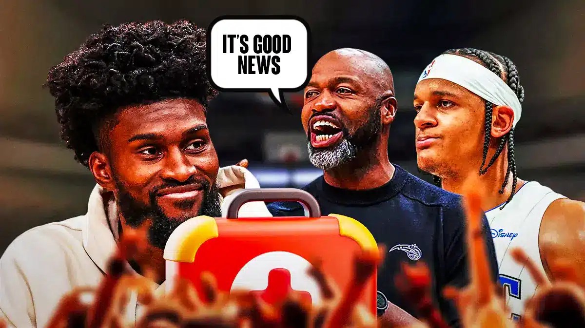 Magic coach Jamahl Mosley and Paolo Banchero saying "It's good news" Next to Jonathan Isaac