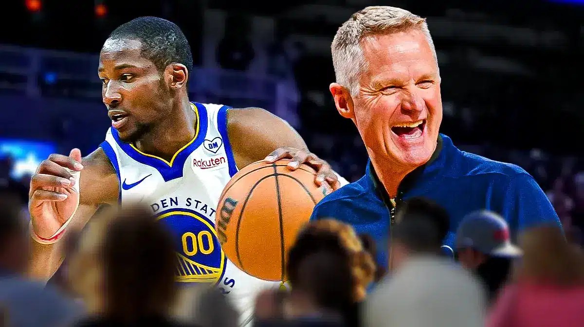 Jonathan Kuminga in Golden State Warriors jersey, Steve Kerr smiling/laughing