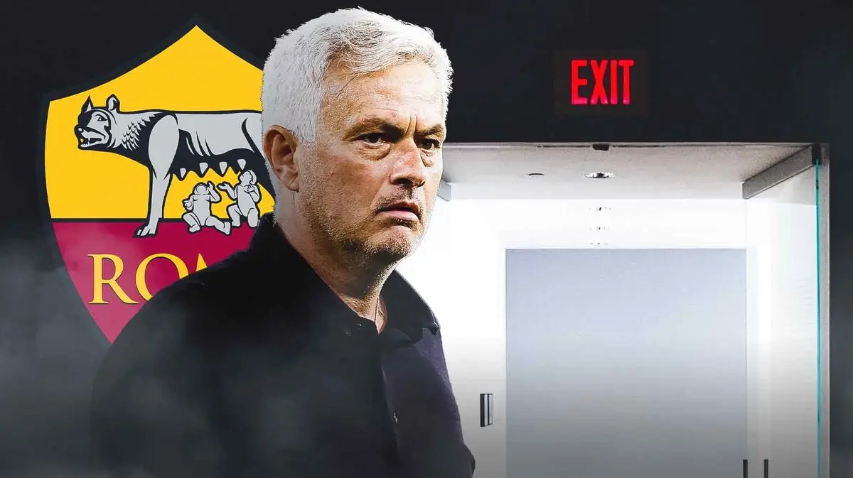 Jose Mourinho in front of the AS Roma logo with an exit door on the side