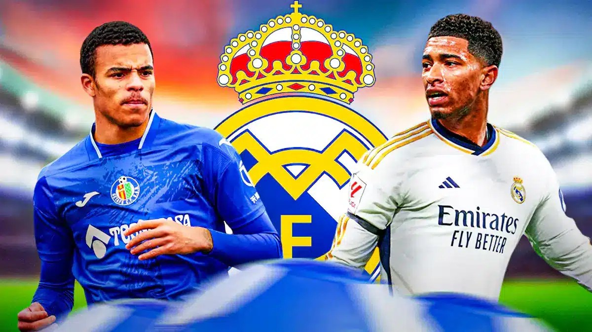 Jude Bellingham and Mason Greenwood in front of the Real Madrid logo
