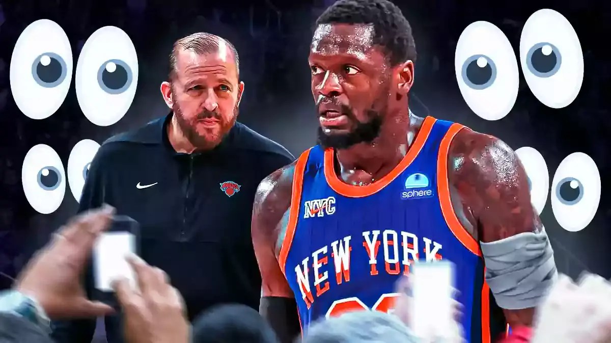 Knicks' Julius Randle with emoji eyes around him and Tom Thibodeau
