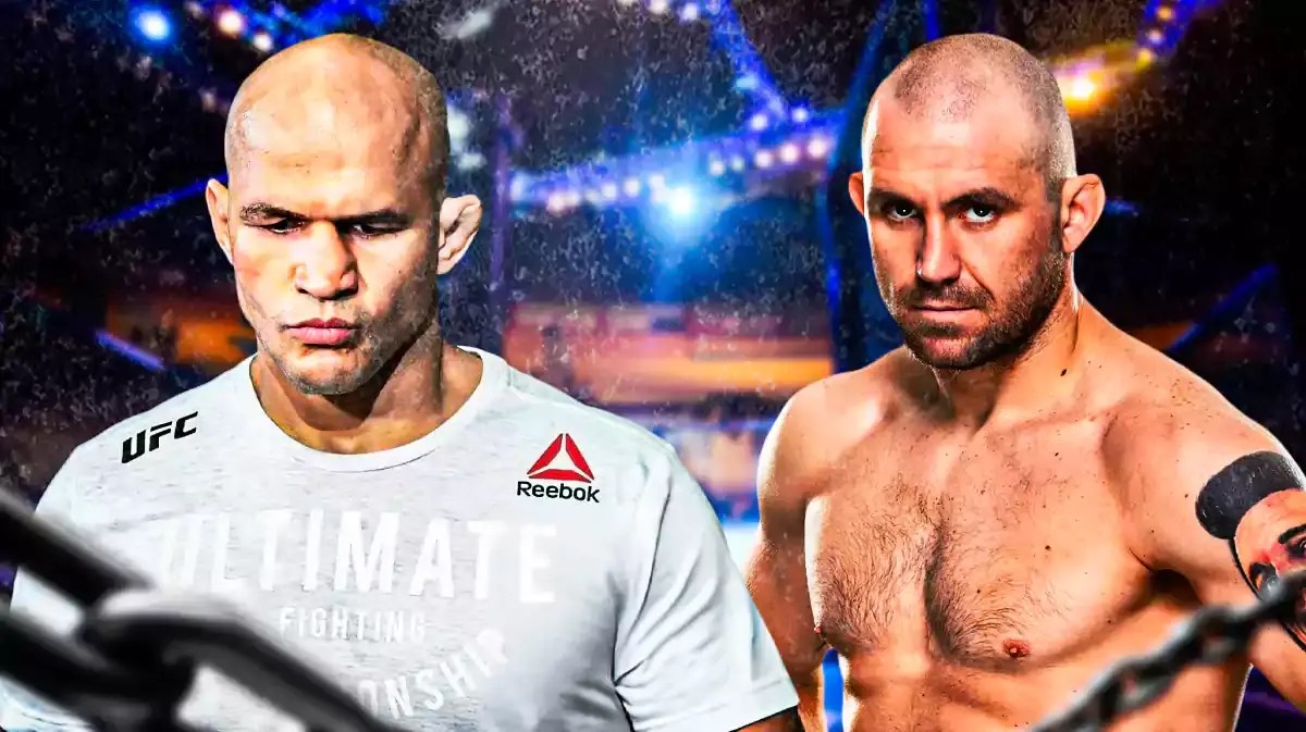 Junior dos Santos and Alan Belcher in front of an MMA cage