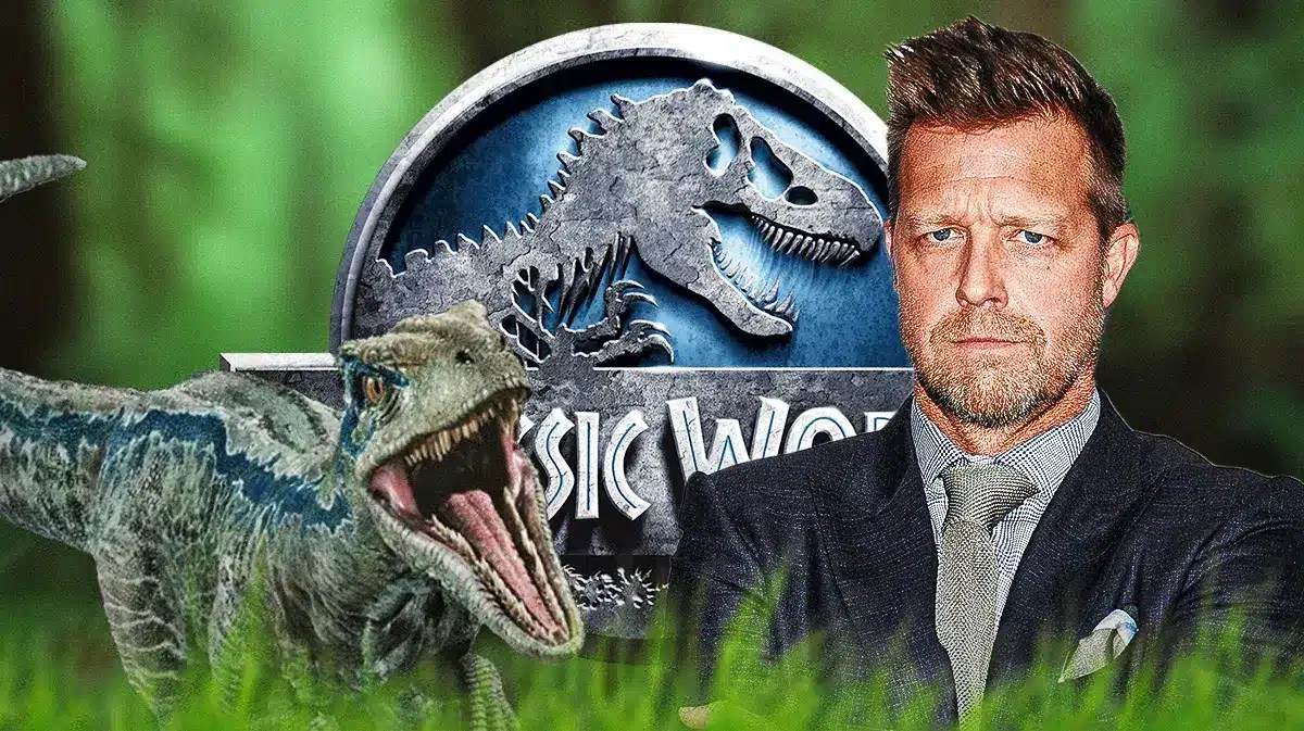 Jurassic World logo and dinosaur with John Wick director Daivd Leitch next to it.