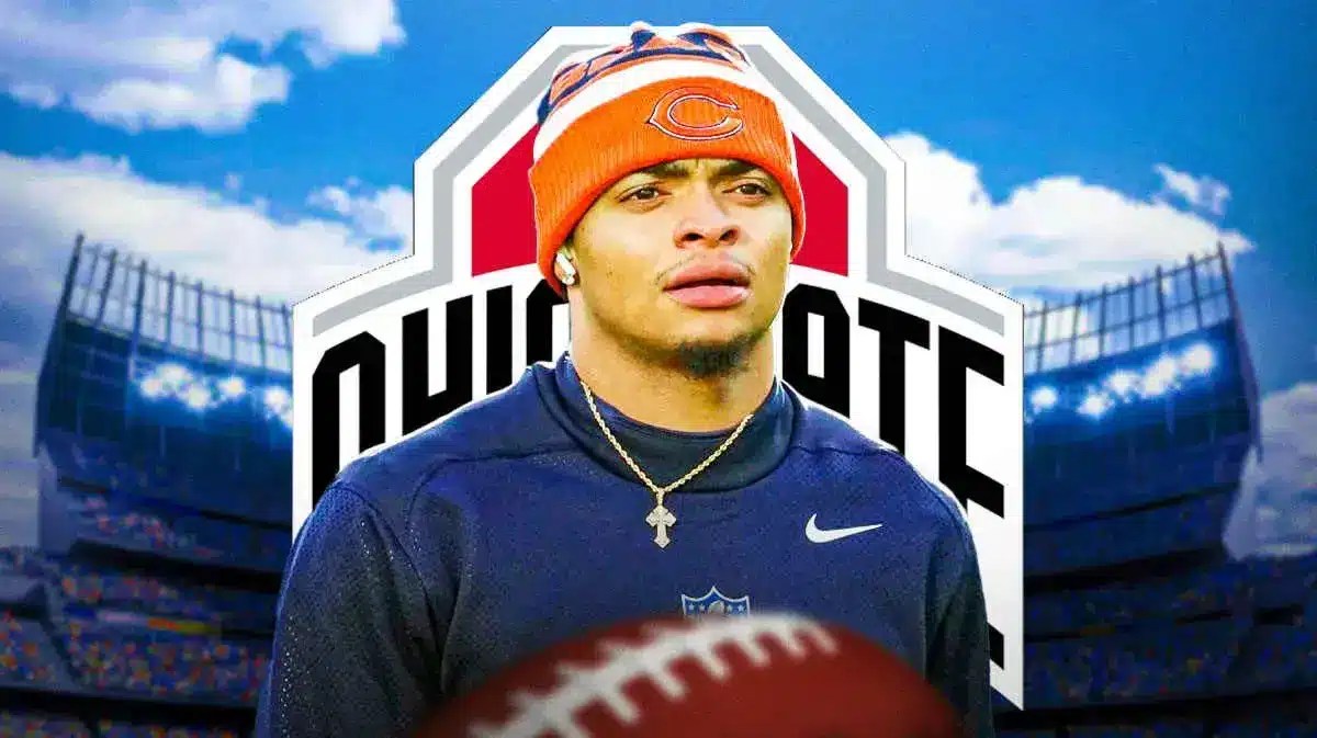 Photo: Justin Fields in Bears uniform with Bears and Ohio State logos behind him