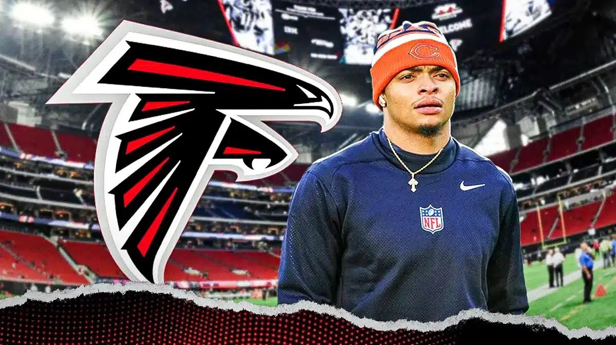 Bears QB Justin Fields stands next to Falcons reacting to trade rumors