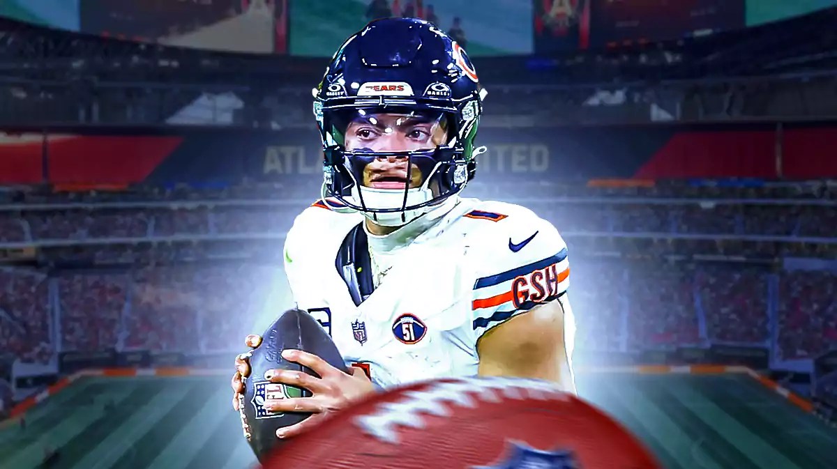 Bears, Falcons, Justin Fields, Justin Fields Bears, Justin Fields Falcons, Justin Fields with Falcons stadium in the background