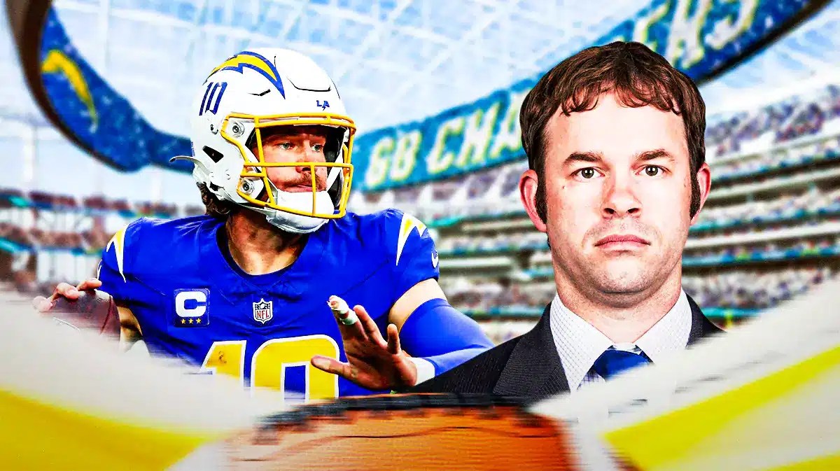 Chargers, Justin Herbert, Shane Day, Jim Harbaugh, Shane Day Chargers, Justin Herbert and Shane Day with Chargers stadium in the background