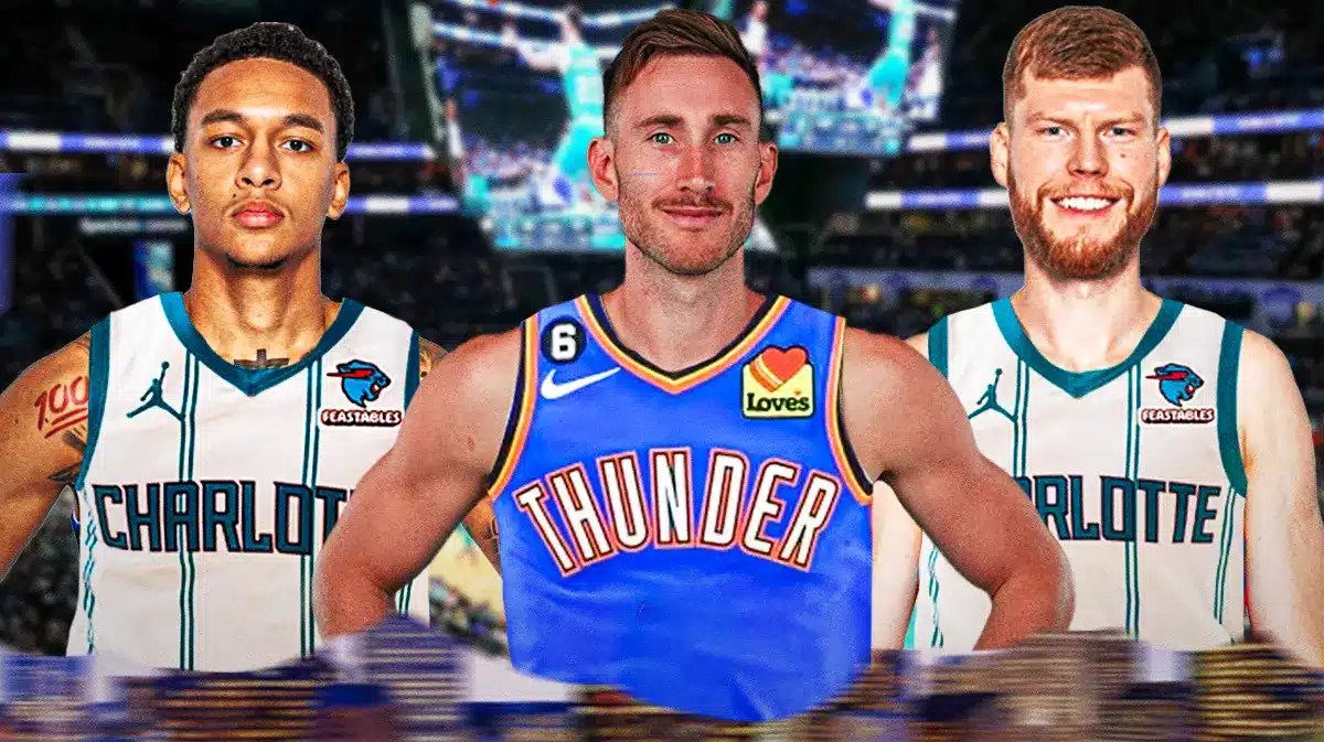 Gordon Hayward in a Thunder jersey, Davis Bertans, Tre Mann in Hornets jerseys