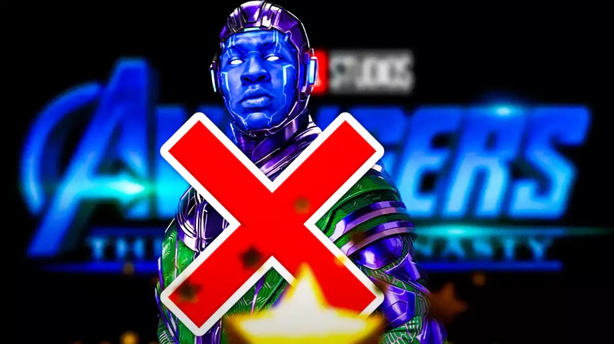 MCU Avengers: The Kang Dynasty logo with Jonathan Majors' Kang crossed out.