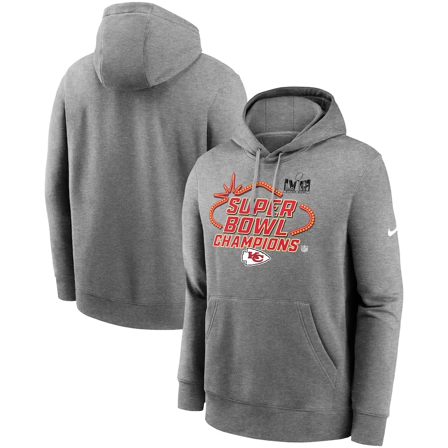 Kansas City Chiefs Nike Super Bowl LVIII Champions Locker Room Trophy Collection Club Pullover Hoodie - Heather Gray on a white background.