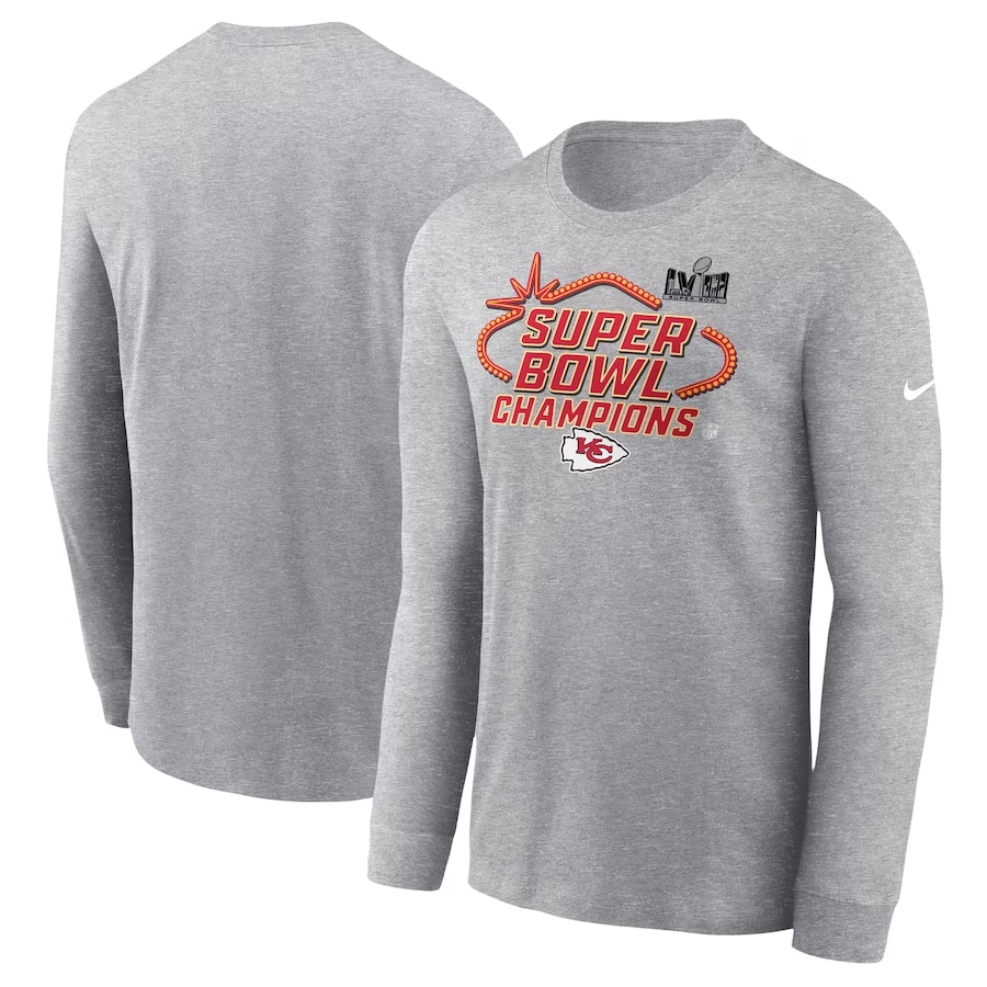 Kansas City Chiefs Nike Super Bowl LVIII Champions Locker Room Trophy Collection Long Sleeve T-Shirt - Heather Gray colored on a white background.
