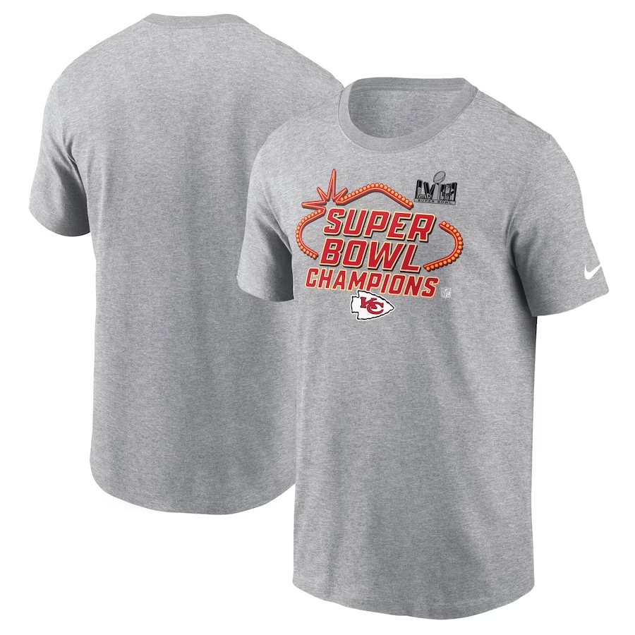 Kansas City Chiefs Nike Super Bowl LVIII Champions Locker Room Trophy Collection T-Shirt - Heather Gray on a white background.