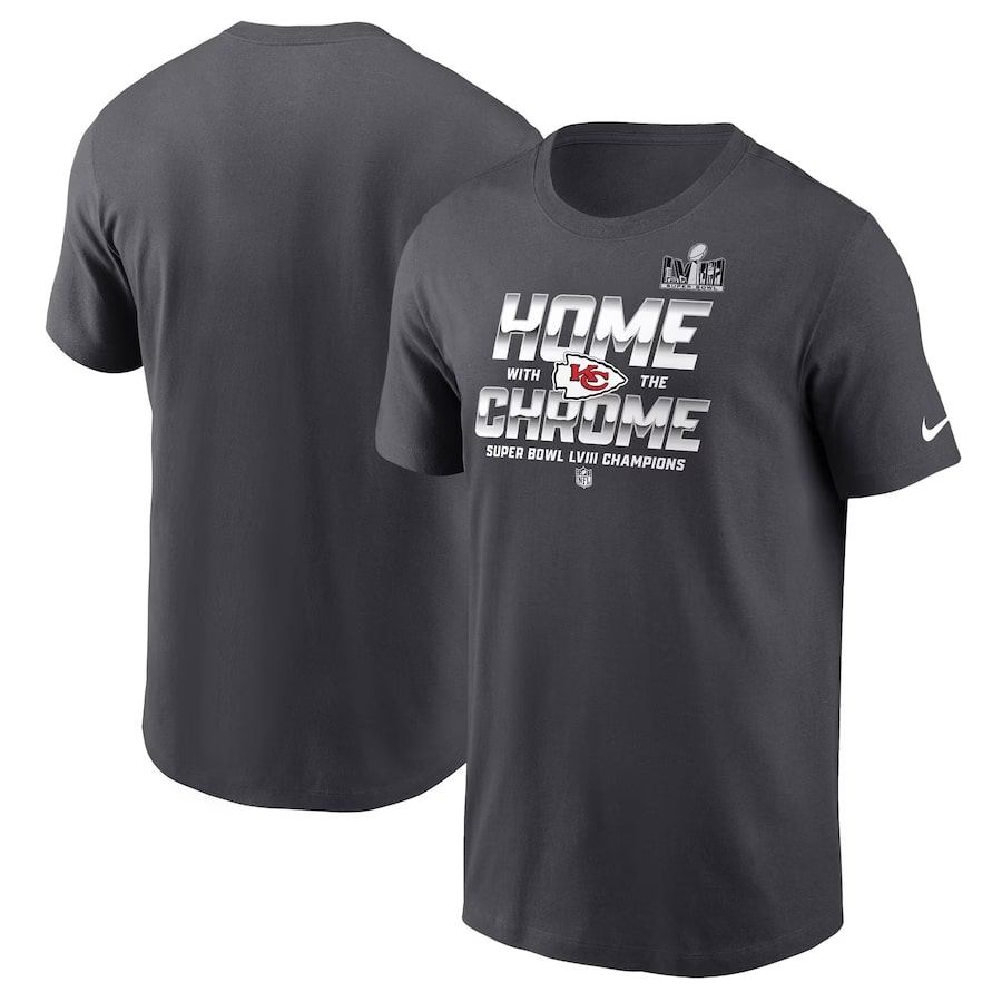 Kansas City Chiefs Nike Super Bowl LVIII Champions Parade T-Shirt - Anthracite colored on a white background.