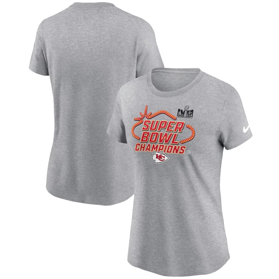 Kansas City Chiefs Nike Women's Super Bowl LVIII Champions Locker Room Trophy Collection T-Shirt - Heather Gray on a white background.