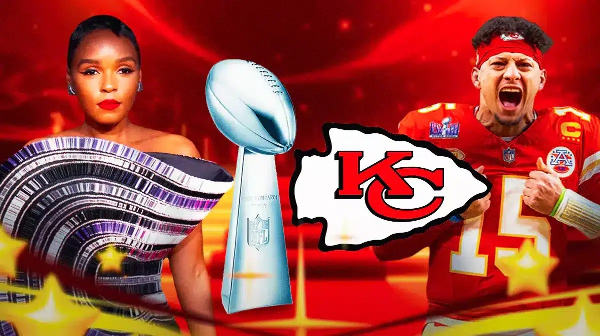 Janelle Monáe, Patrick Mahomes with Super Bowl Lombardi Trophy and Kansas City Chiefs logo.