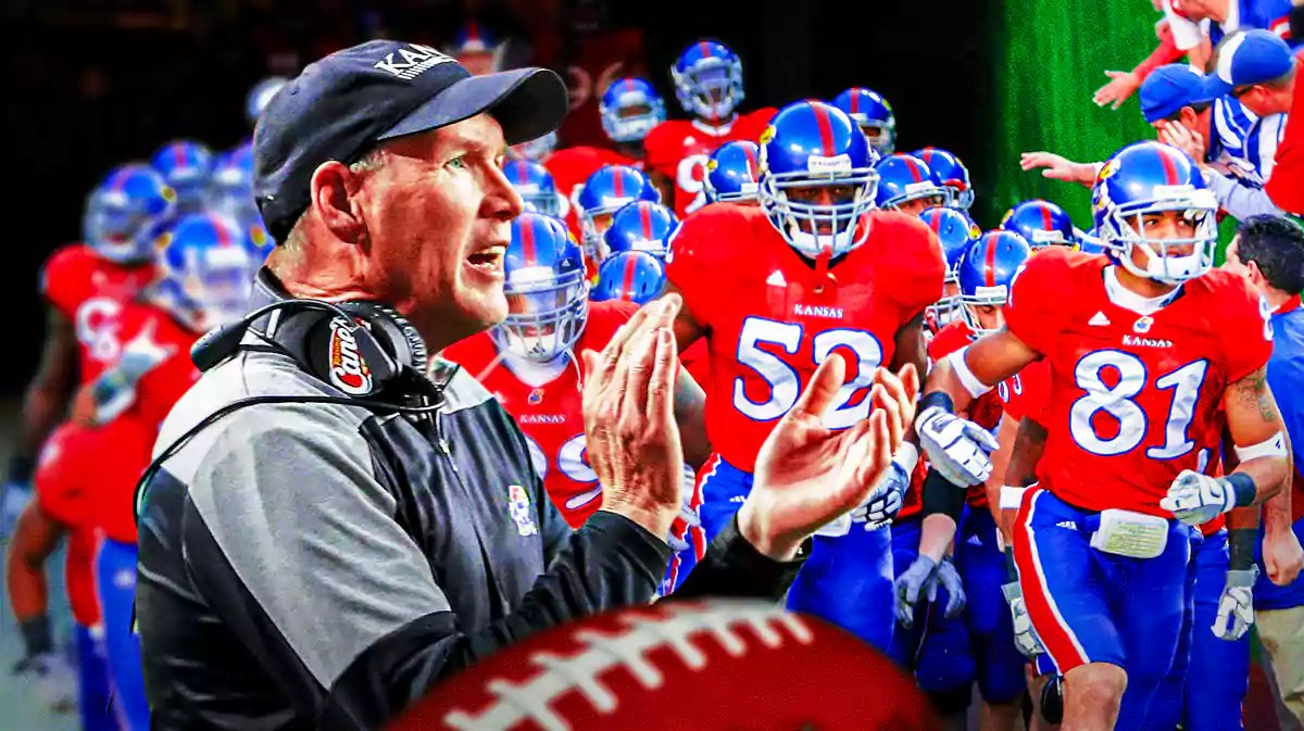 Kansas football coach Lance Leipold with his players.