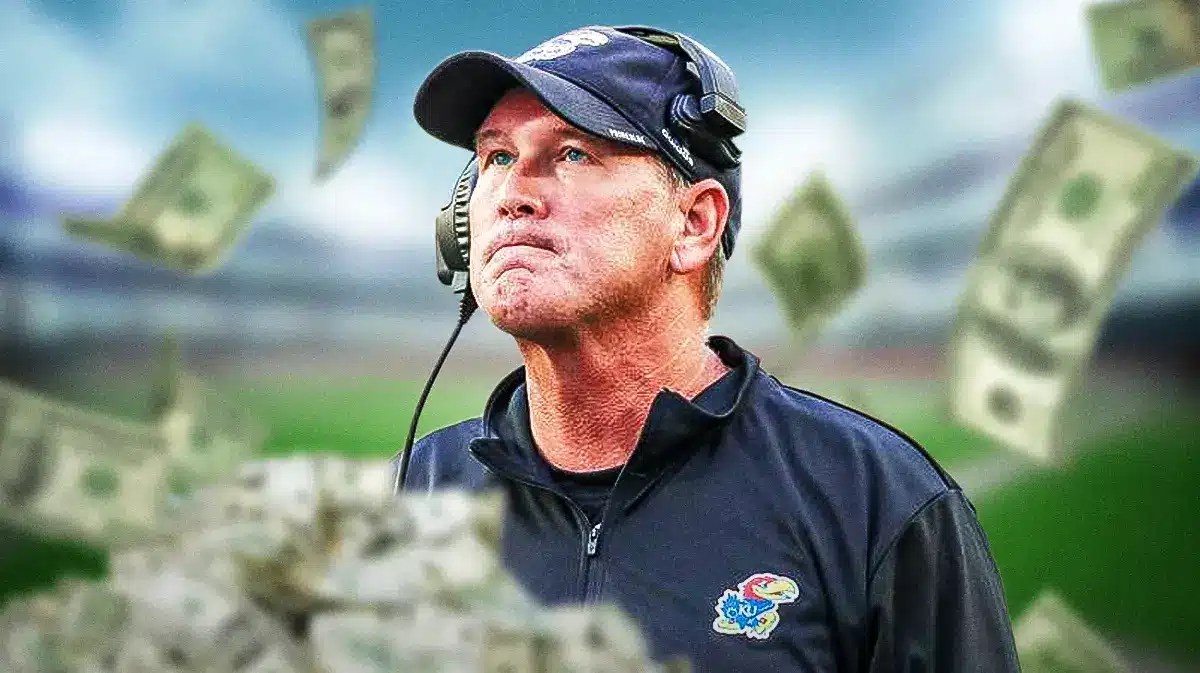 Kansas football coach Lance Leipold with money swirling around.