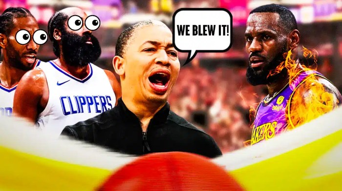Clippers' Tyronn Lue saying "We blew it!" Kawhi Leonard and Paul George looking at LeBron James on fire