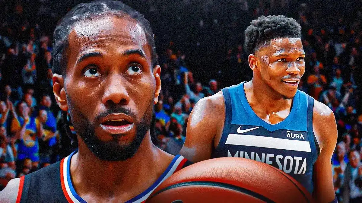 Clippers Kahwhi Leonard looking sad and the Timberwolves Anthony Edwards looking happy