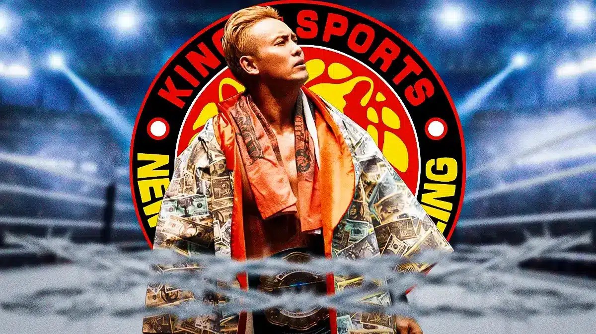 Kazuchika Okada in front of New Japan Pro-Wrestling logo