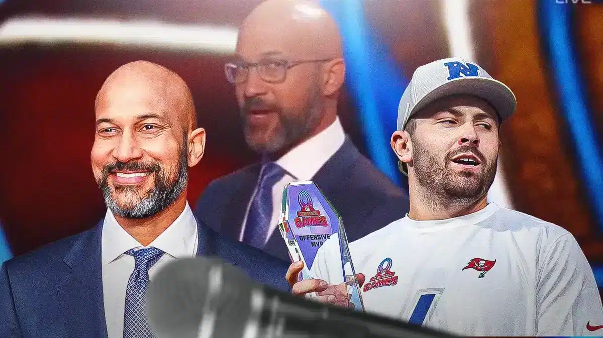 Pic of Keegan Michael-Key, Baker Mayfield and a still from Keegan telling the Baker joke on stage