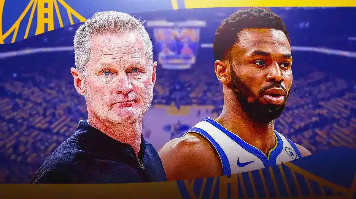Andrew Wiggins alongside Steve Kerr with the Warriors arena in the background