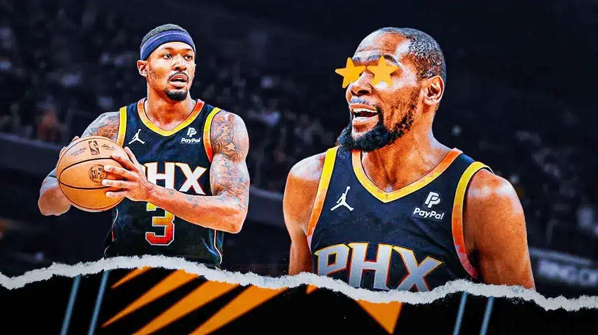 Kevin Durant on one side with stars in his eyes, Bradley Beal on the other side