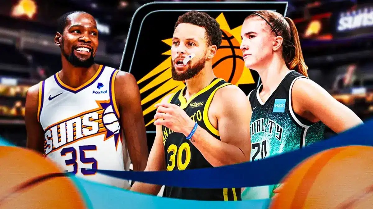 Suns' Kevin Durant stands next to Steph Curry and Sabrina Ionescu before NBA All-Star weekend