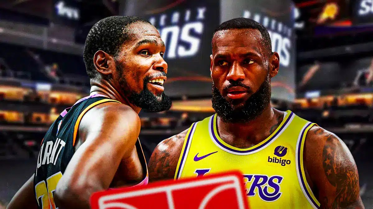 Suns' Kevin Durant on the left, smiling at LeBron James, on the right.