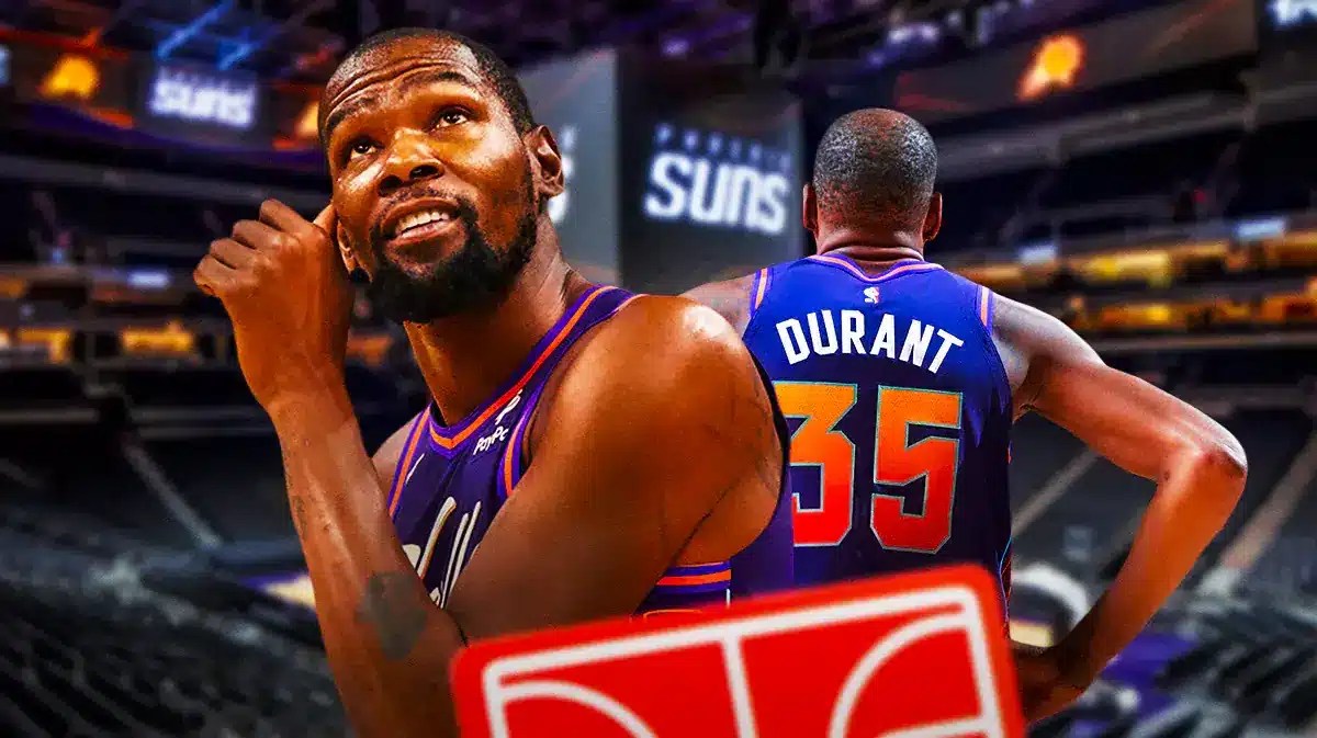 Phoenix Suns star Kevin Durant in front of the Footprint Center.