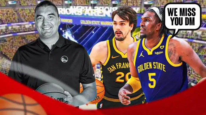 Kevon Looney and Dario Saric next to Dejan Milojevic [Warriors]
