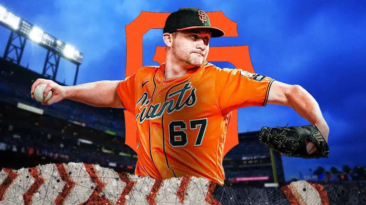 Keaton Winn throwing a pitch in front of a Giants logo