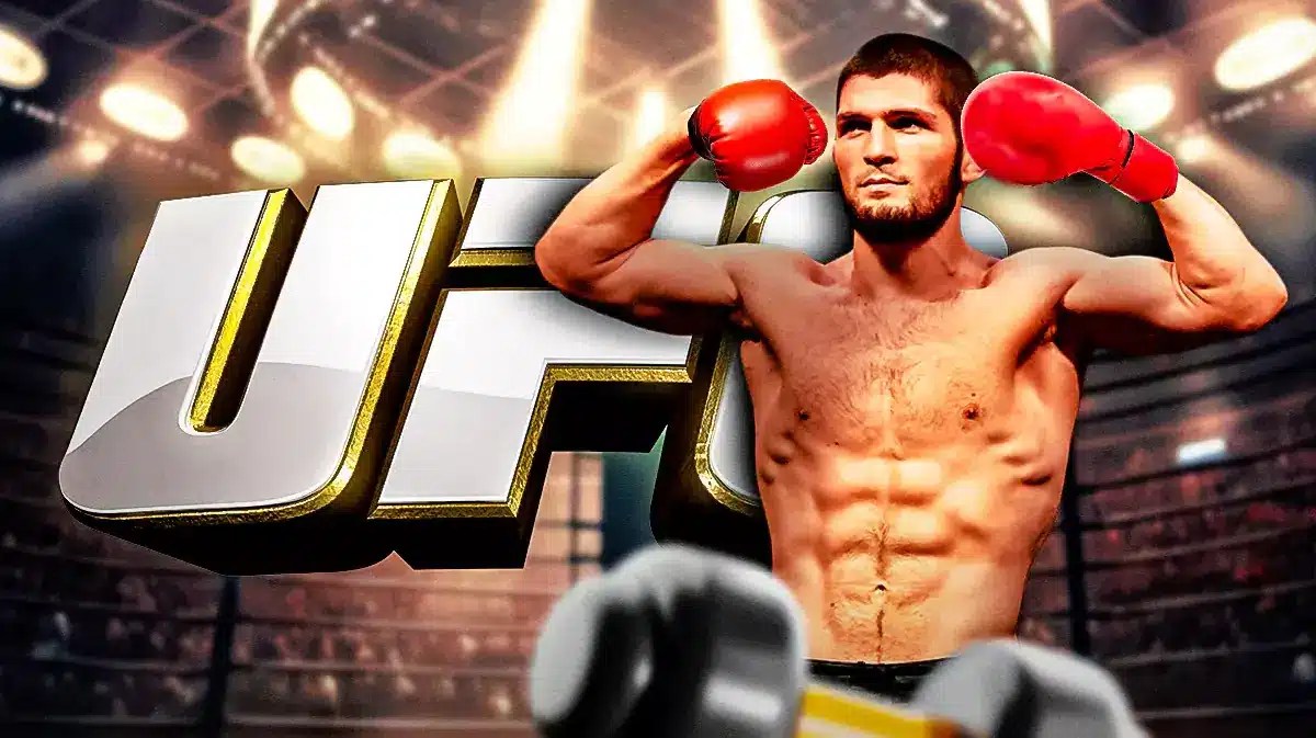 Khabib Nurmagomedov wearing boxing gloves in front of the UFC logo