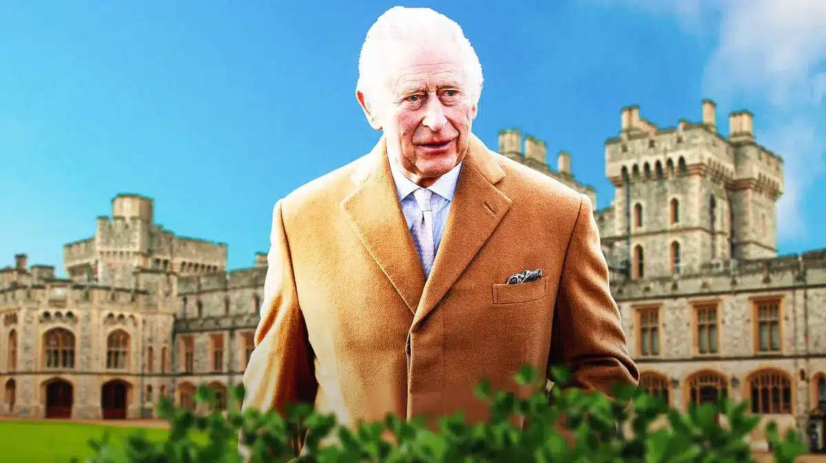 King Charles with mansion behind him