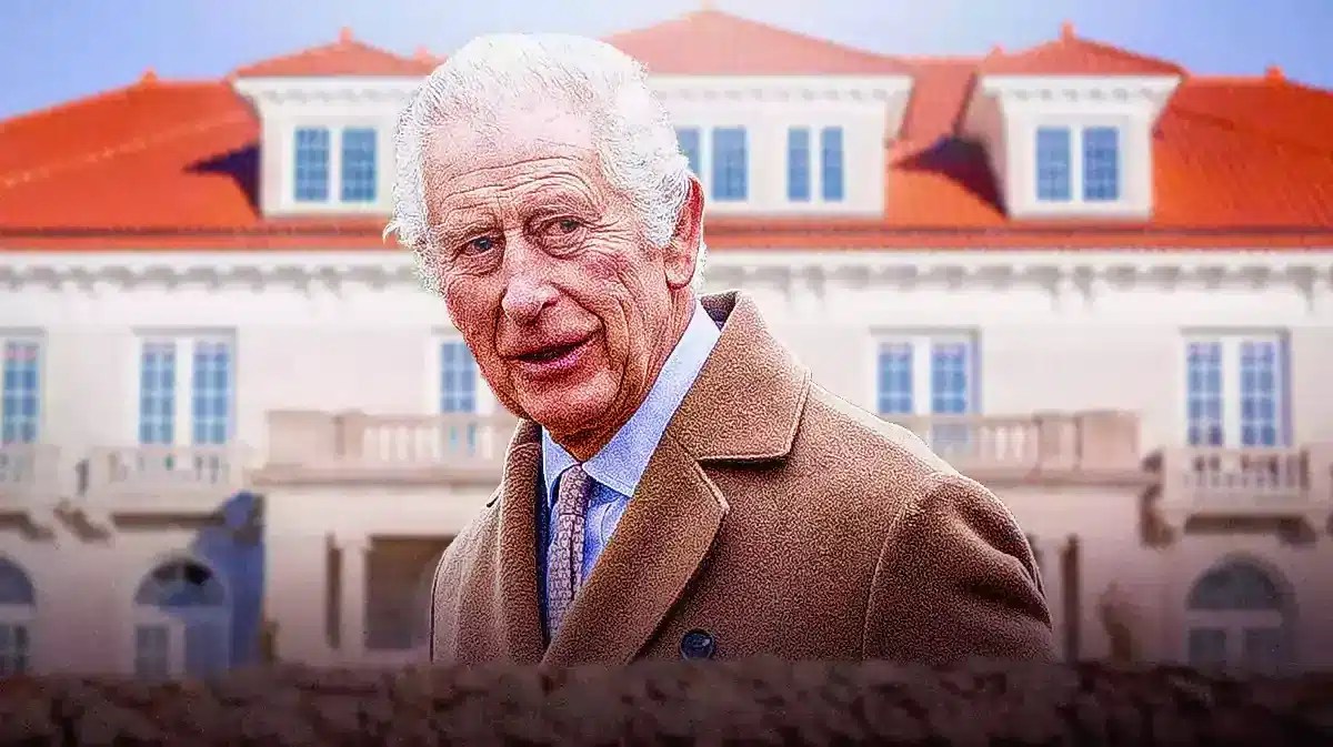 King Charles with a mansion behind him
