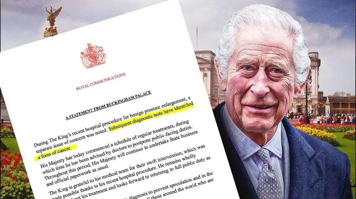 Pic of King Charles and screen shot of the Buckingham Palace statement