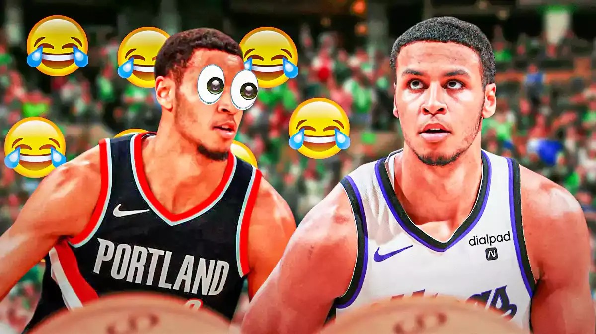 Keegan Murray on one side with a bunch of crying laughing emojis around him, Kris Murray on the other side with the big eyes emoji over his face