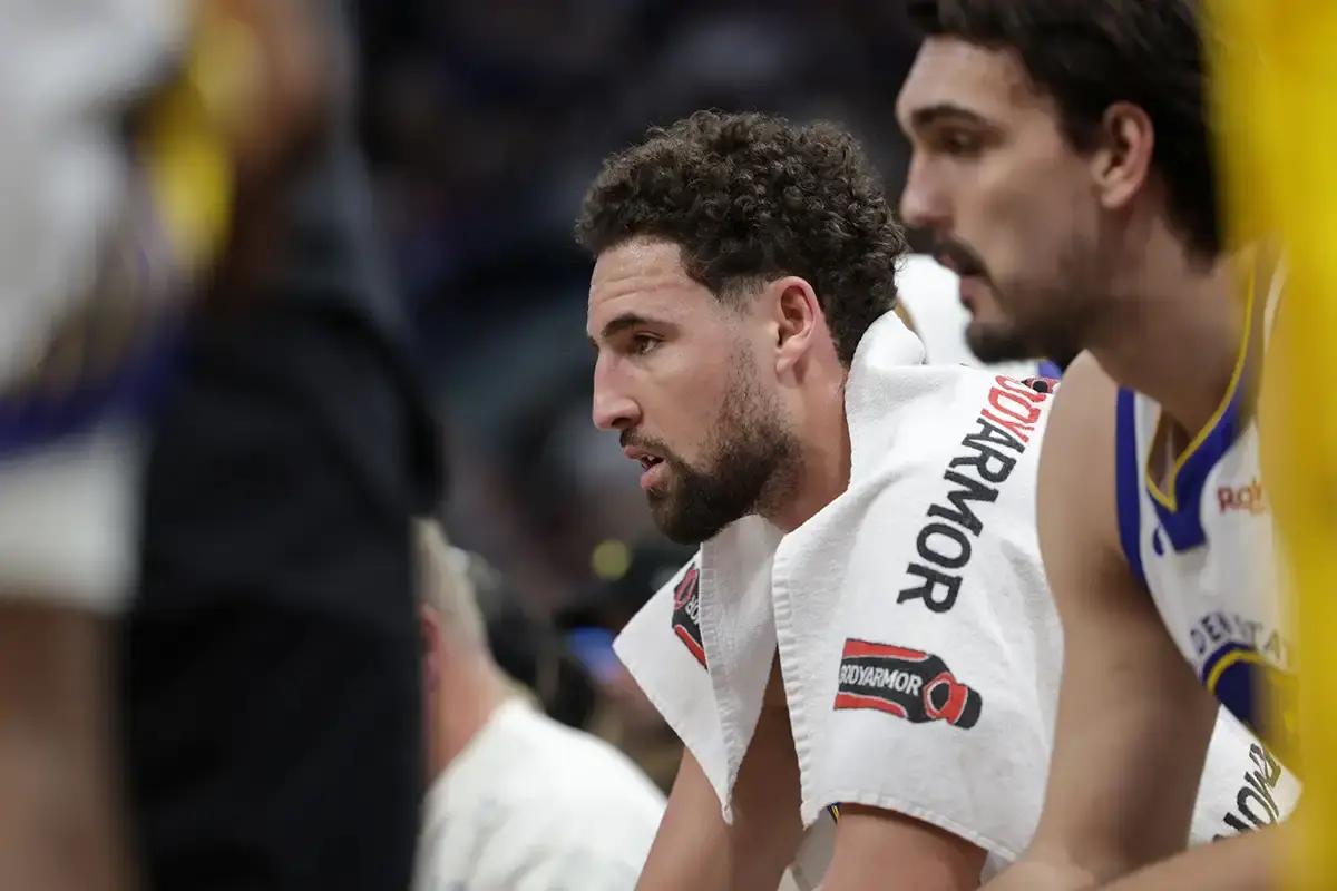 Golden State Warriors guard Klay Thompson (11) during a time out in the 2nd quarter against the Utah Jazz at Delta Center.
