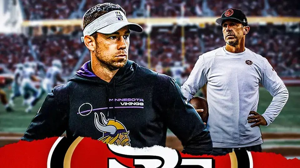 San Francisco 49ers head coach Kyle Shanahan and Klint Kubiak in front of Levi's Stadium.