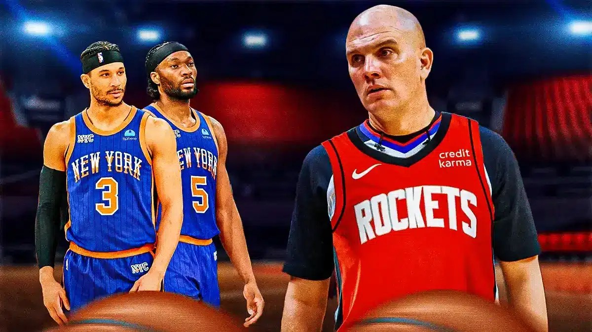 Knicks' Josh Hart and Precious Achiuwa looking angry at referee Jacyn Goble wearing a Rockets uniform