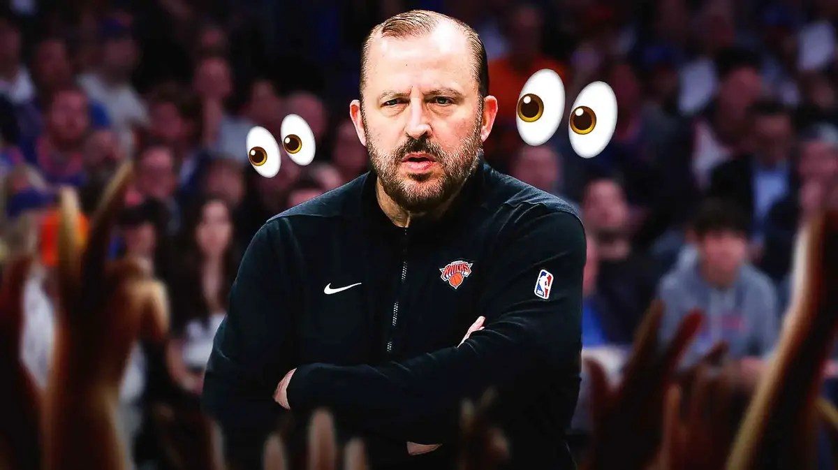 Knicks head coach Tom Thibodeau, eyes emojis above, Madison Square Garden in back